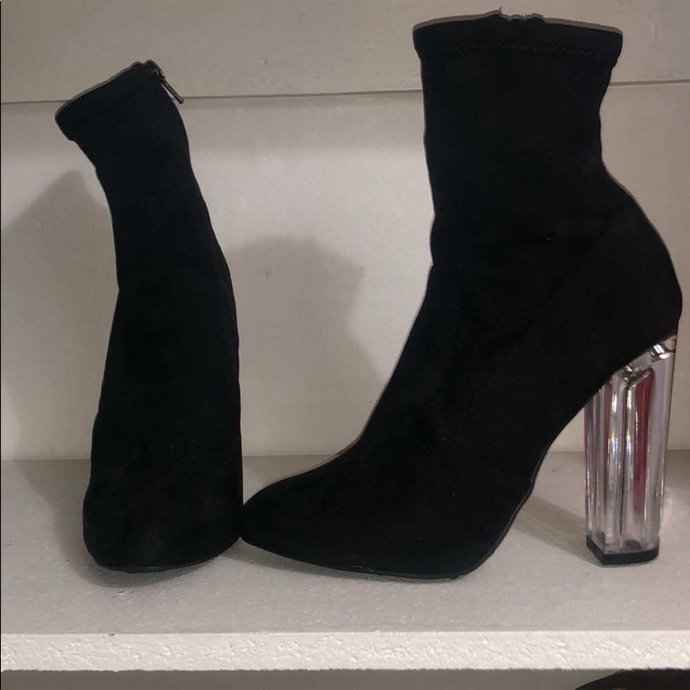 Black booties with clear heel